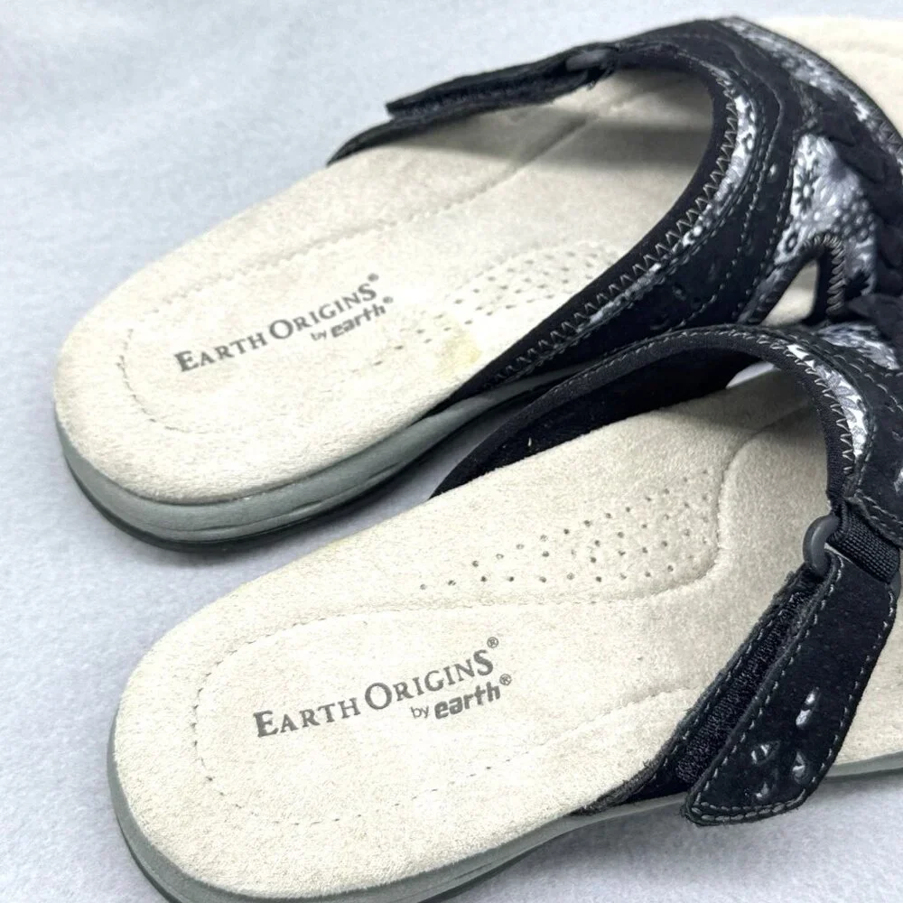 Womens Earth Origins Sandals Black Suede Floral Slides Adjustable Strap Sz 8.5 - Picture 4 of 10